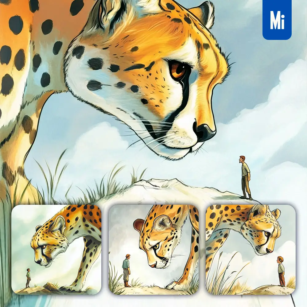 midjourney prompt cheetah man illustration dramatic scene storybook painting