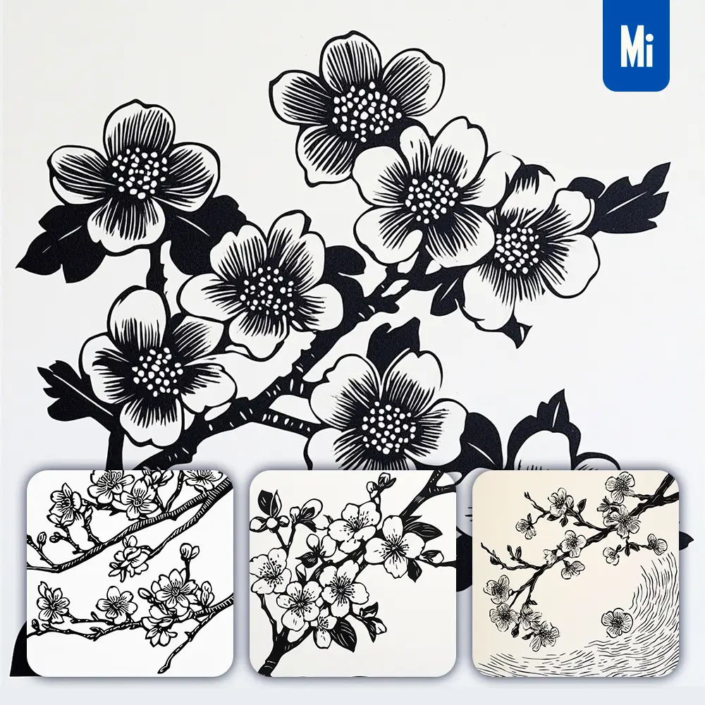 midjourney prompt cherry blossom flower woodcut print black and white illustration
