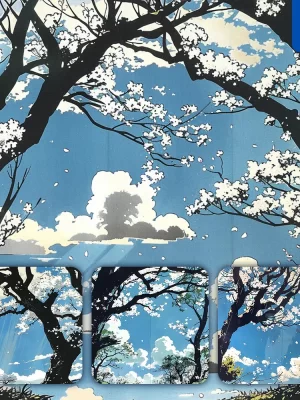 Midjourney Prompt Cherry Tree Sky Spring Cloud Woodcut Print Woodblock