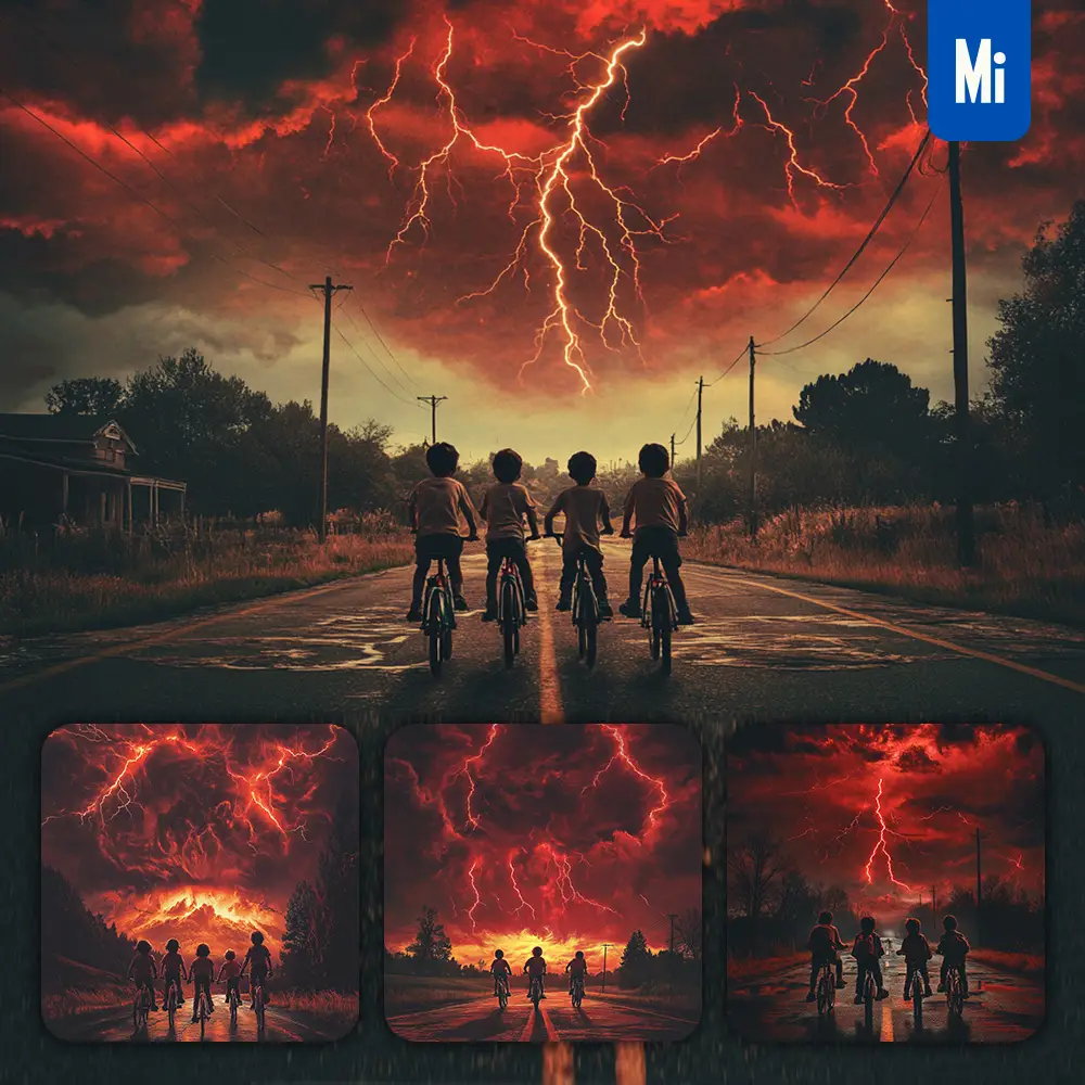 Midjourney Prompt Children Bicycle Bike Sky Lightning Clouds Road
