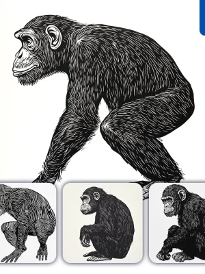 Midjourney Prompt Chimpanzee Animal Woodcut Print Black And White Illustration