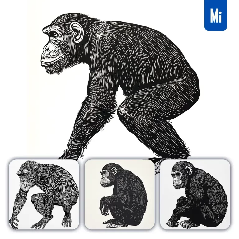 midjourney prompt chimpanzee animal woodcut print black and white illustration