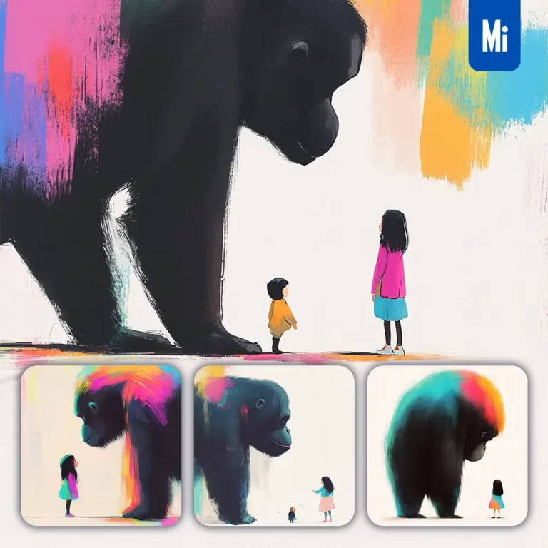 midjourney prompt chimpanzee gorilla girl kid children colorful ink painting cute illustration