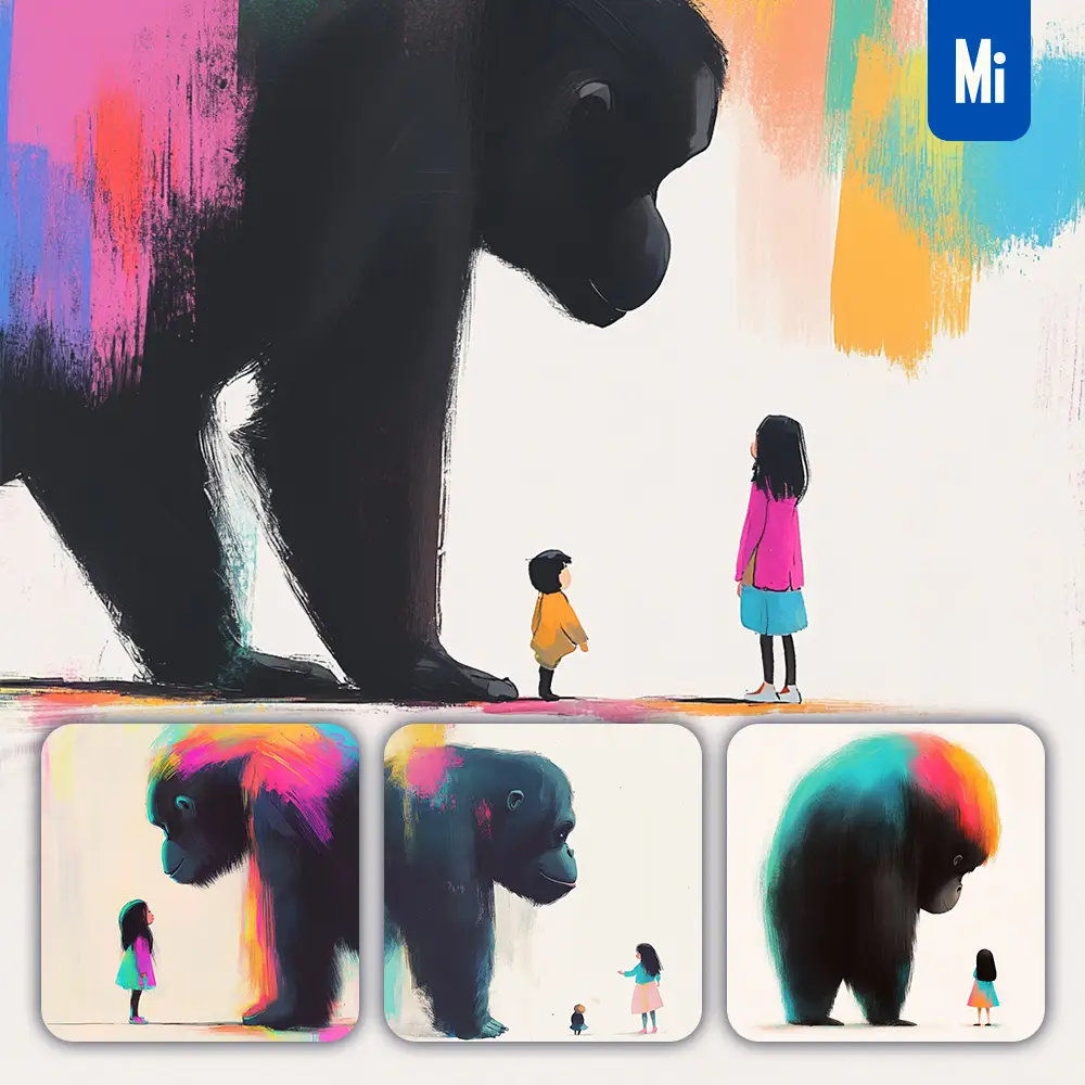 midjourney prompt chimpanzee gorilla girl kid children colorful ink painting cute illustration