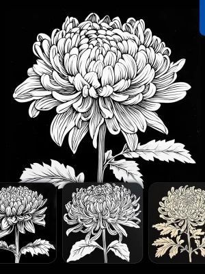 Midjourney Prompt Chrysanthemum Flower Black And White Woodcut Print Ink Painting Illustration