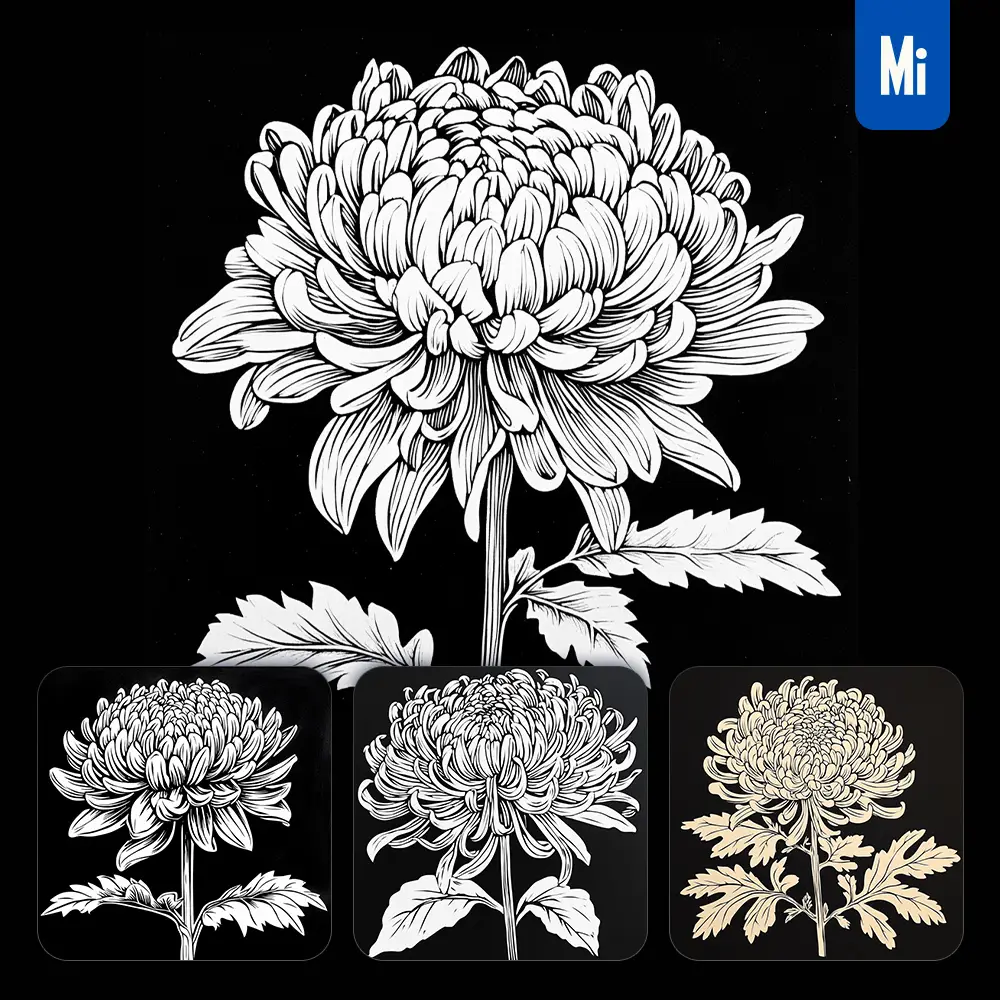 midjourney prompt chrysanthemum flower black and white woodcut print ink painting illustration