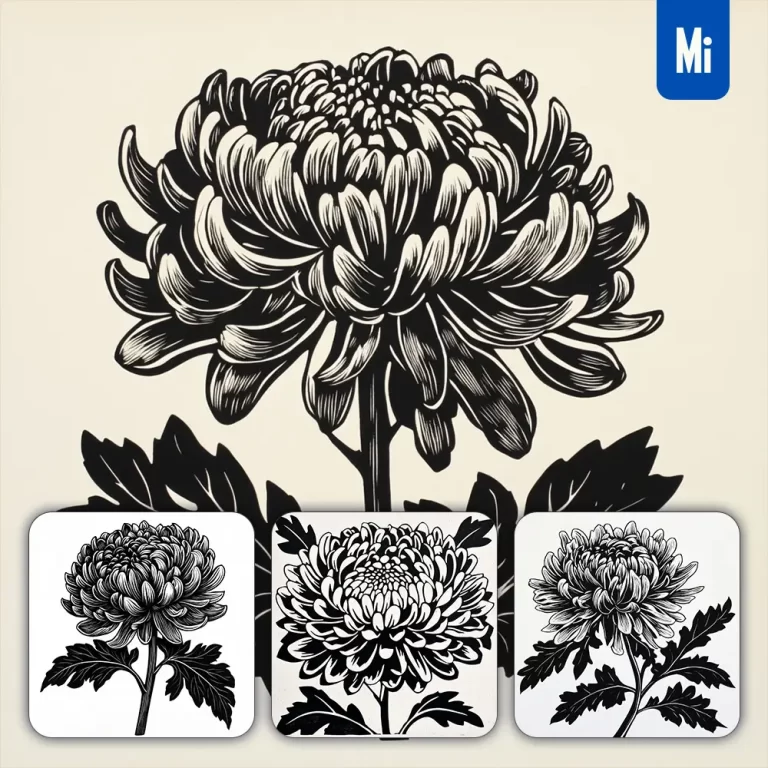 midjourney prompt chrysanthemum flower woodcut print black and white illustration