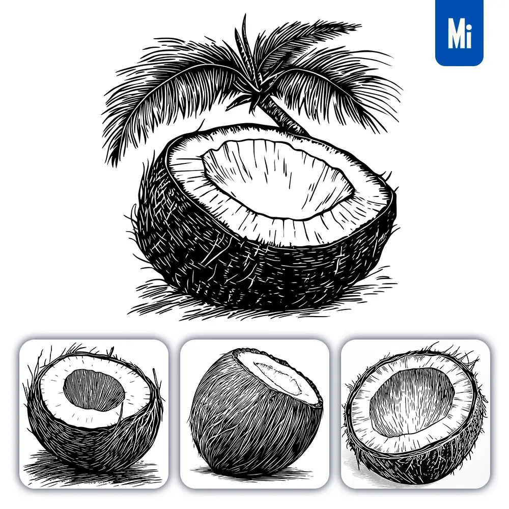 Midjourney Prompt Coconut Woodcut Print Black And White Illustration