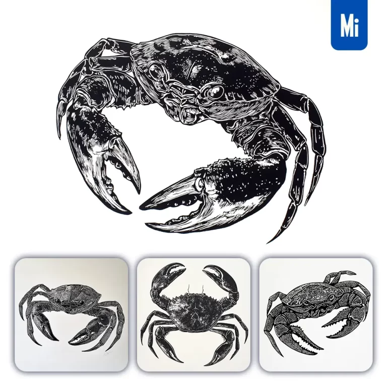 midjourney prompt crab woodcut print black and white illustration