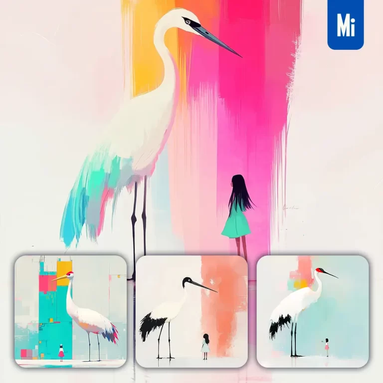 midjourney prompt crane girl kid children colorful ink painting cute illustration