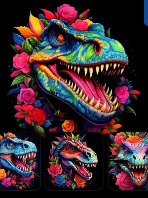 Midjourney Prompt Crazy Dinosaur Tyrannosaurus Head Face Artist Neon Colorful Painting Illustration