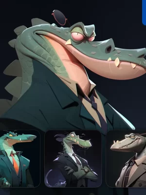 Midjourney Prompt Crocodile Boss Man Suit Quirky Brooding Character Design Animation Cartoon