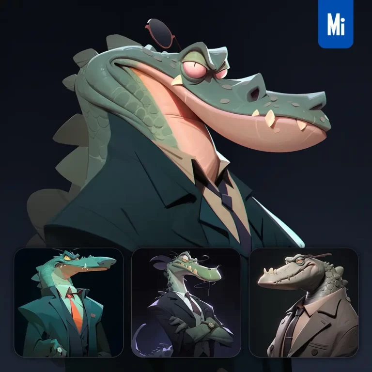 midjourney prompt crocodile boss man suit quirky brooding character design animation cartoon