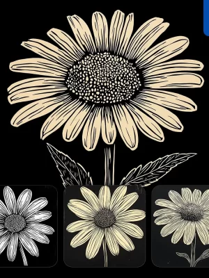 Midjourney Prompt Daisy Flower Black And White Woodcut Print Ink Painting Illustration