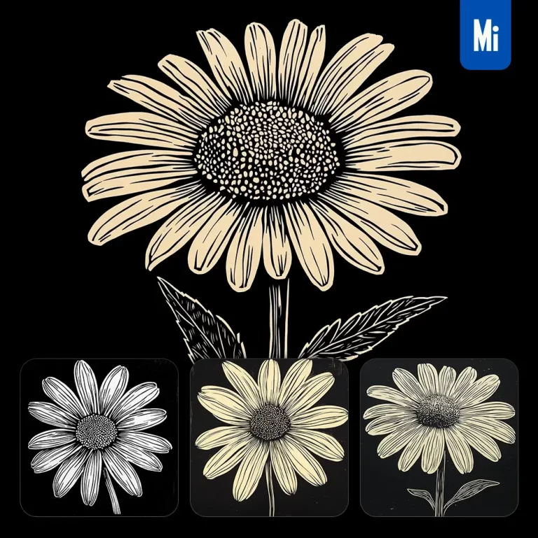 midjourney prompt daisy flower black and white woodcut print ink painting illustration