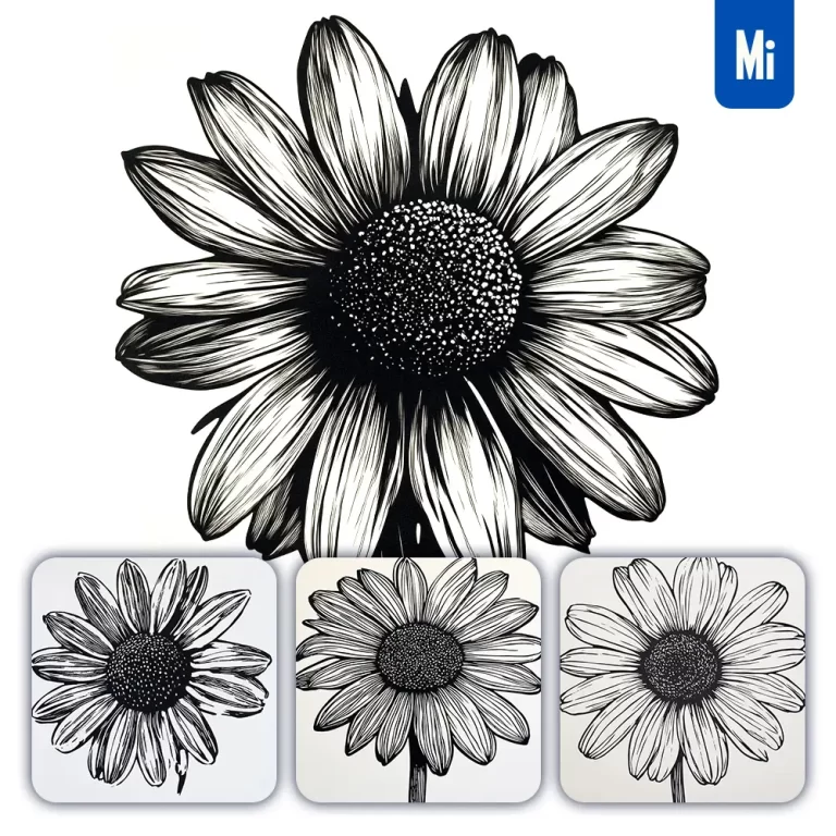 midjourney prompt daisy flower woodcut print black and white illustration