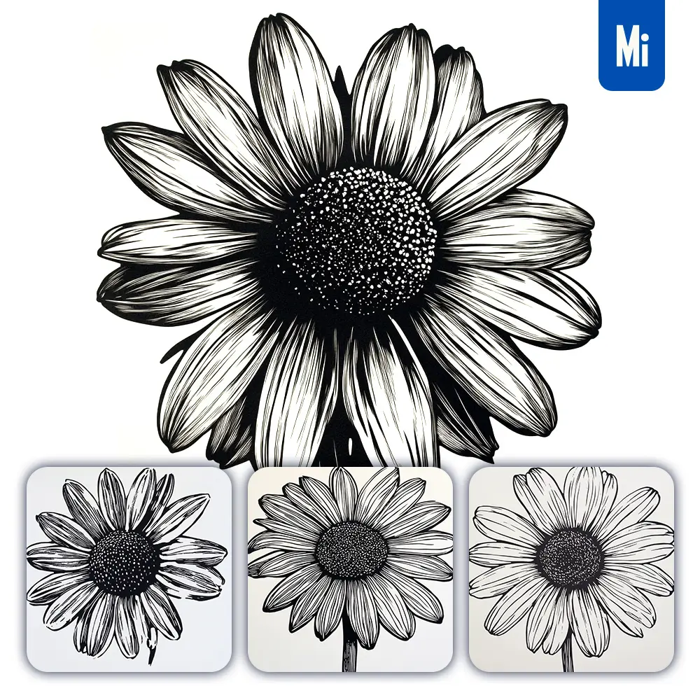 midjourney prompt daisy flower woodcut print black and white illustration