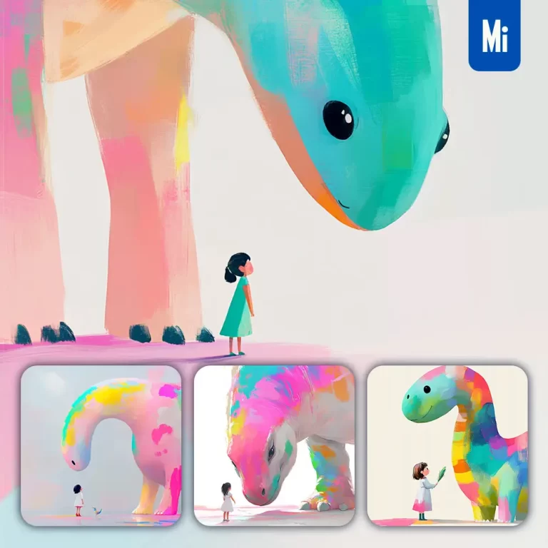 midjourney prompt dinosaur girl kid children colorful ink painting cute illustration