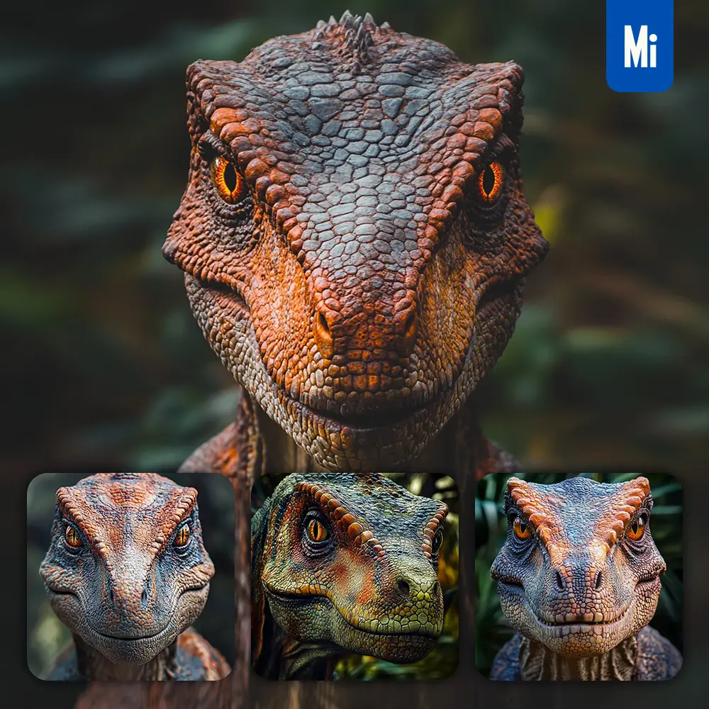 midjourney prompt dinosaur head straight face detailed close up photography