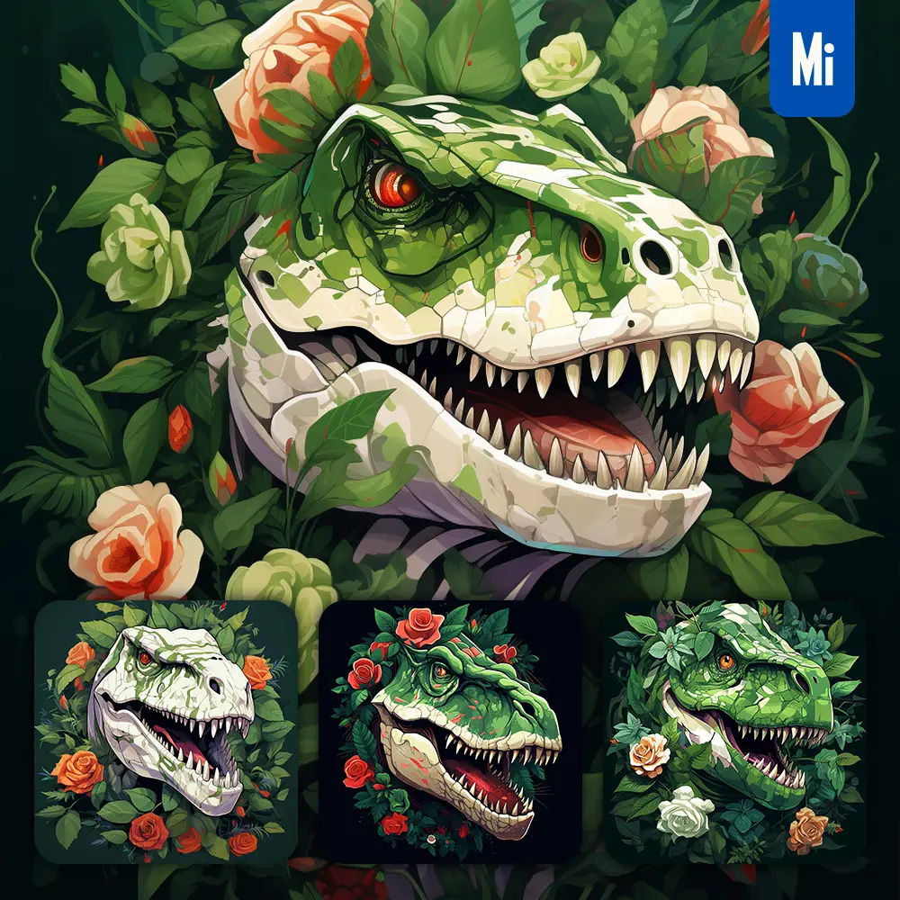 midjourney prompt dinosaur head tyrannosaurus painting green flowers leaves illustration