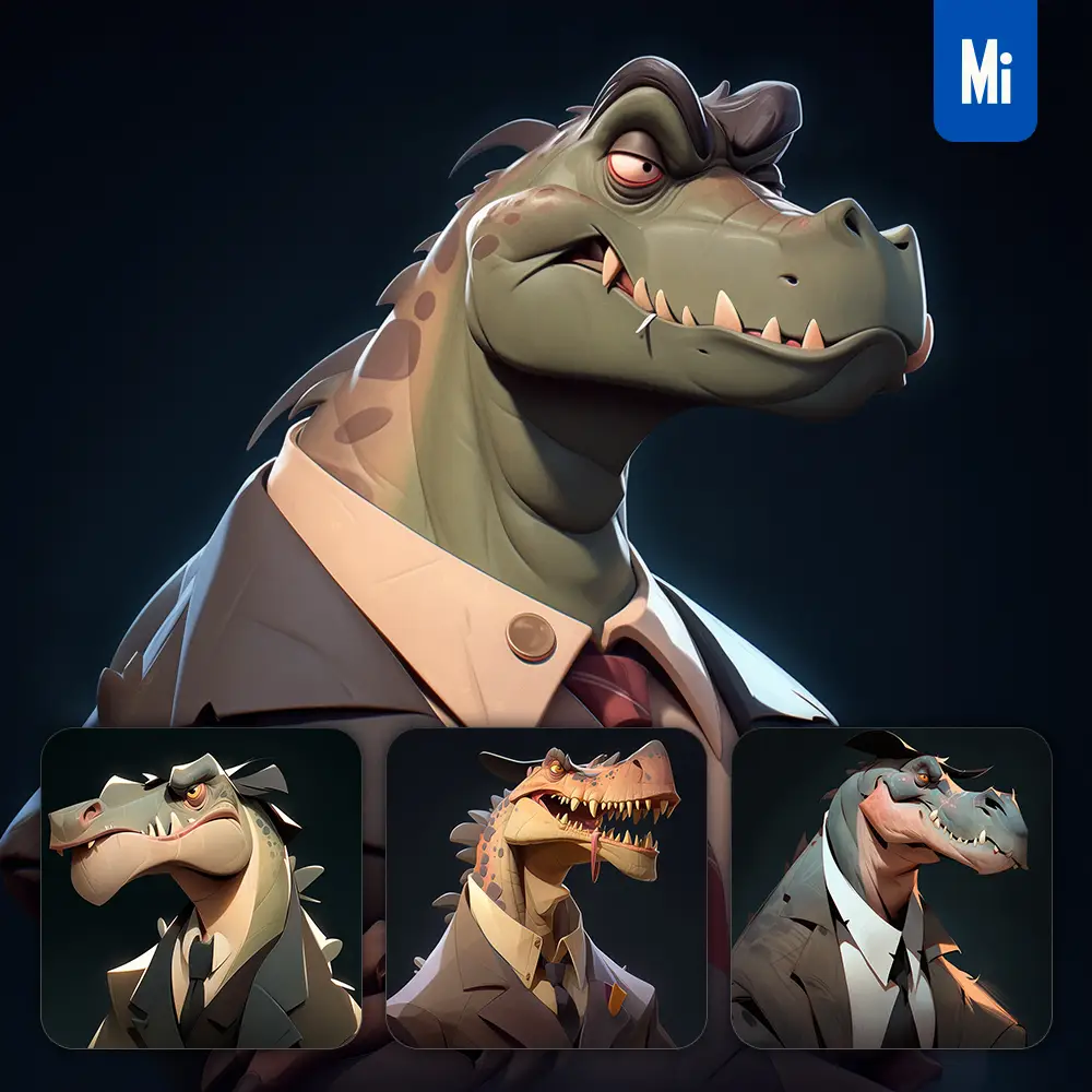 Midjourney Prompt Dinosaur Tyrannosaurus Boss Man Suit Quirky Brooding Character Design Animation Cartoon