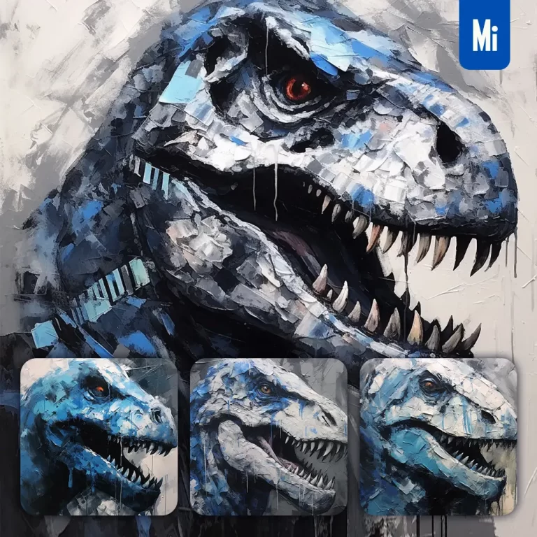 midjourney prompt dinosaur tyrannosaurus head black and white texture oil painting