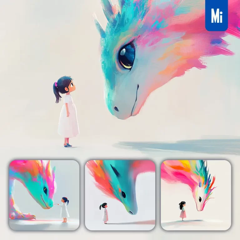 midjourney prompt dragon girl kid children colorful ink painting cute illustration