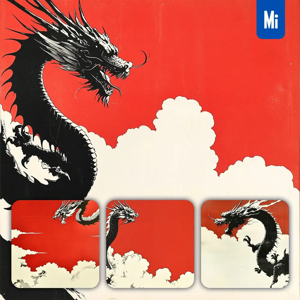 midjourney prompt dragon red sky Chinese cloud woodcut print woodblock