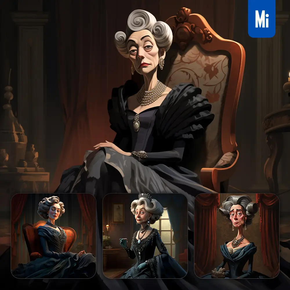 Midjourney Prompt Duchess Countess Dowager Woman Lady Quirky Brooding Character Design Animation Cartoon