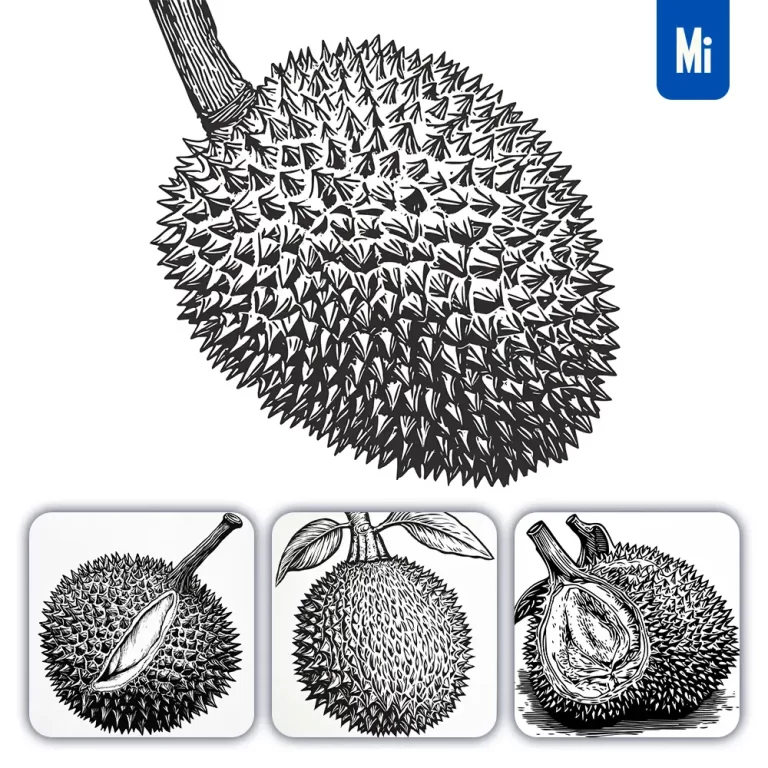 midjourney prompt durian woodcut print black and white illustration