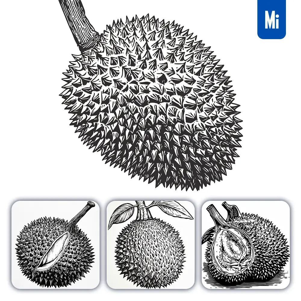 Midjourney Prompt Durian Woodcut Print Black And White Illustration