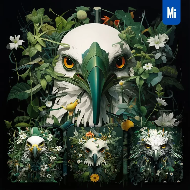 midjourney prompt eagle head painting green flowers leaves illustration
