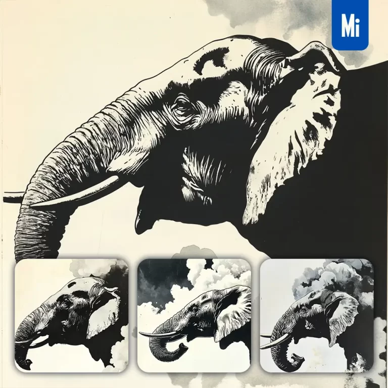 midjourney prompt elephant head black and white woodcut print woodblock