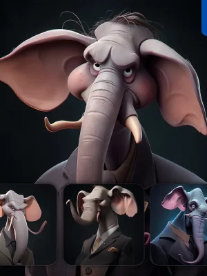 Midjourney Prompt Elephant Man Boss Suit Quirky Brooding Character Design Animation Cartoon