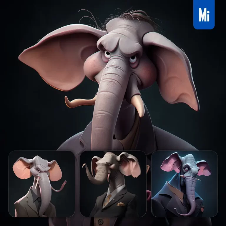 midjourney prompt elephant man boss suit quirky brooding character design animation cartoon