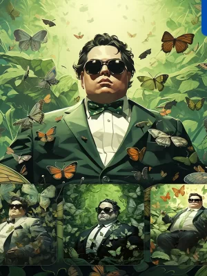 Midjourney Prompt Fat Boss Man Sunglasses Suit Green Butterfly Leaves Portrait Painting Illustration