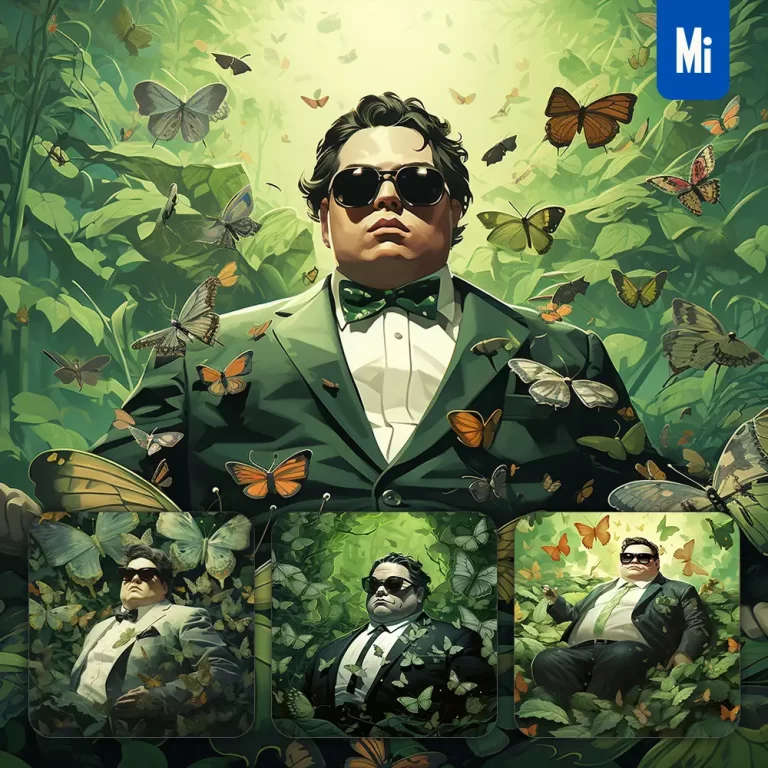 midjourney prompt fat boss man sunglasses suit green butterfly leaves portrait painting illustration