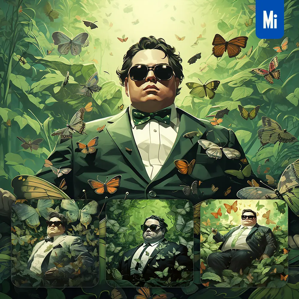 midjourney prompt fat boss man sunglasses suit green butterfly leaves portrait painting illustration
