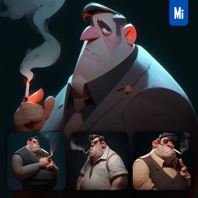 midjourney prompt fat smoking man male quirky brooding character design animation cartoon