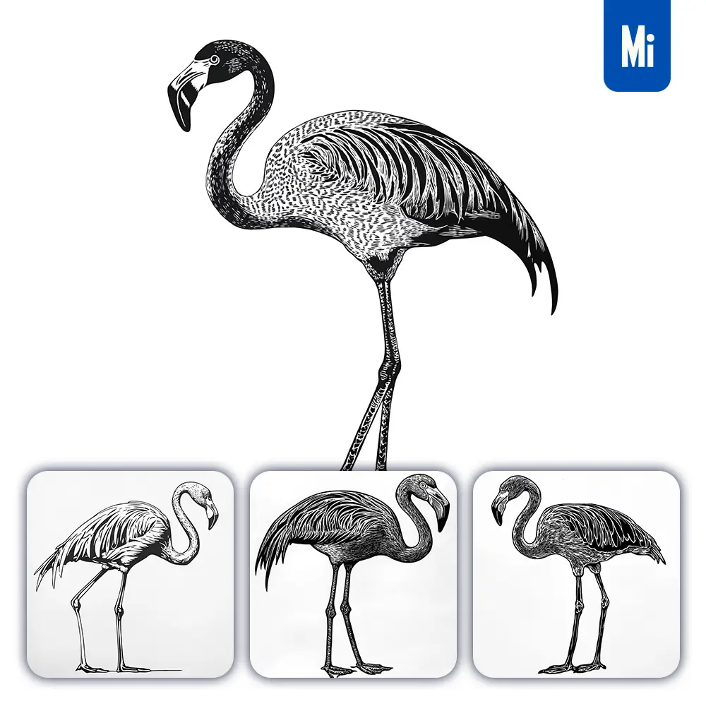 Midjourney Prompt Flamingo Animal Woodcut Print Black And White Illustration