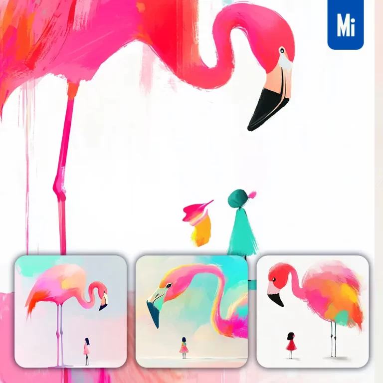 midjourney prompt flamingo girl kid children colorful ink painting cute illustration
