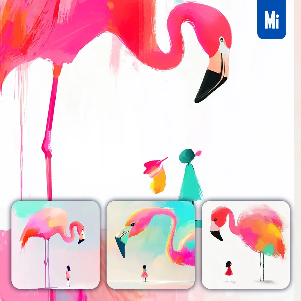 midjourney prompt flamingo girl kid children colorful ink painting cute illustration
