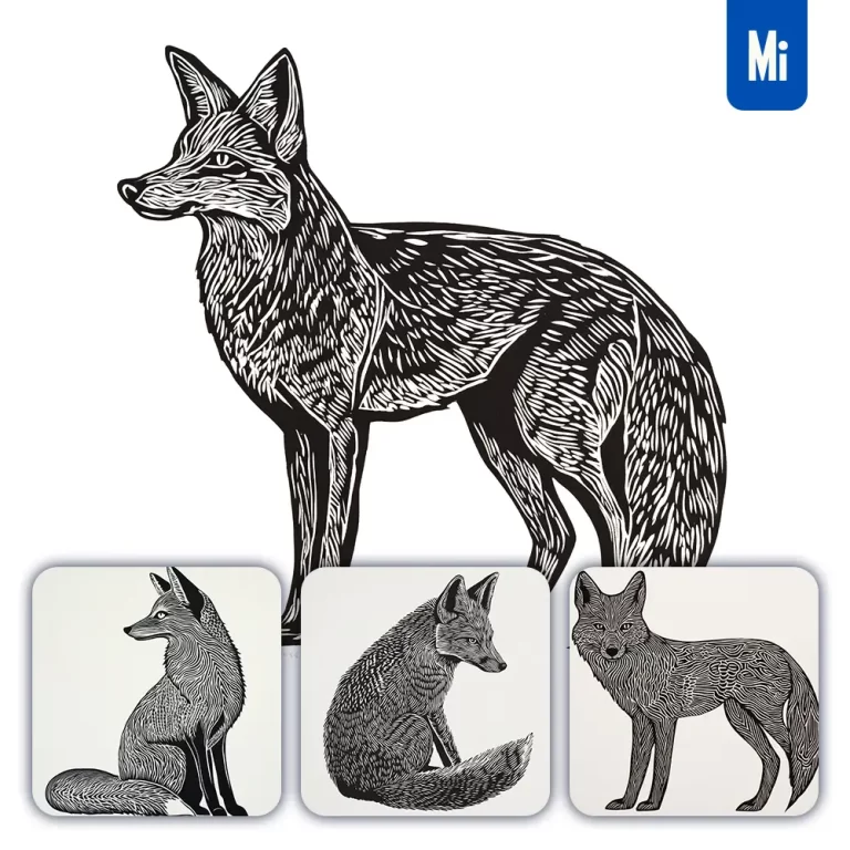 midjourney prompt fox animal woodcut print black and white illustration