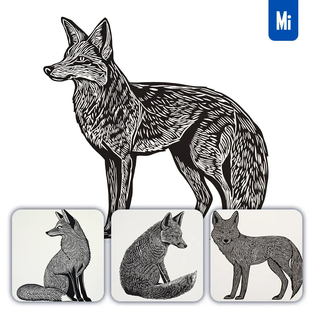 midjourney prompt fox animal woodcut print black and white illustration