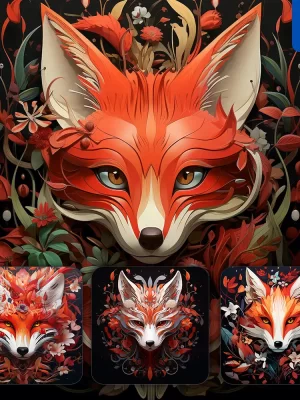 Midjourney Prompt Fox Face Red Head Flower Leaves Portrait Painting Illustration