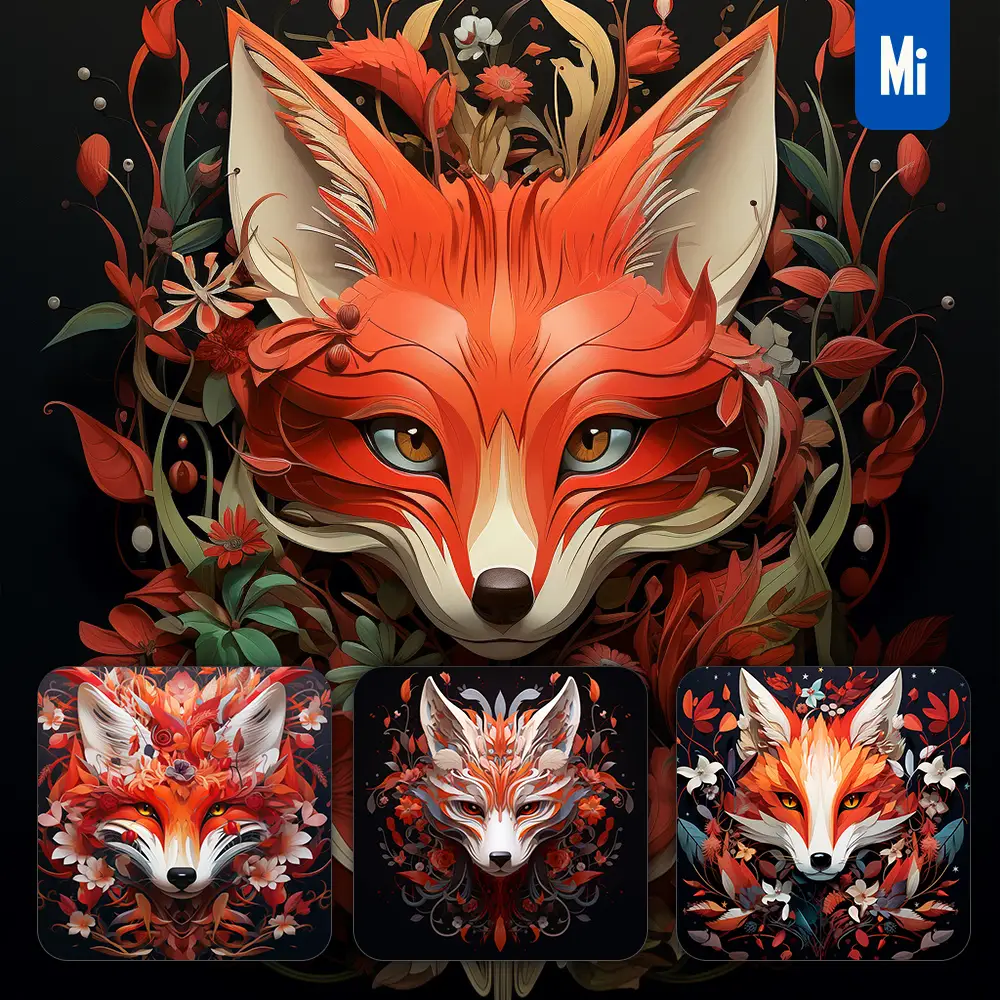 Midjourney Prompt Fox Face Red Head Flower Leaves Portrait Painting Illustration