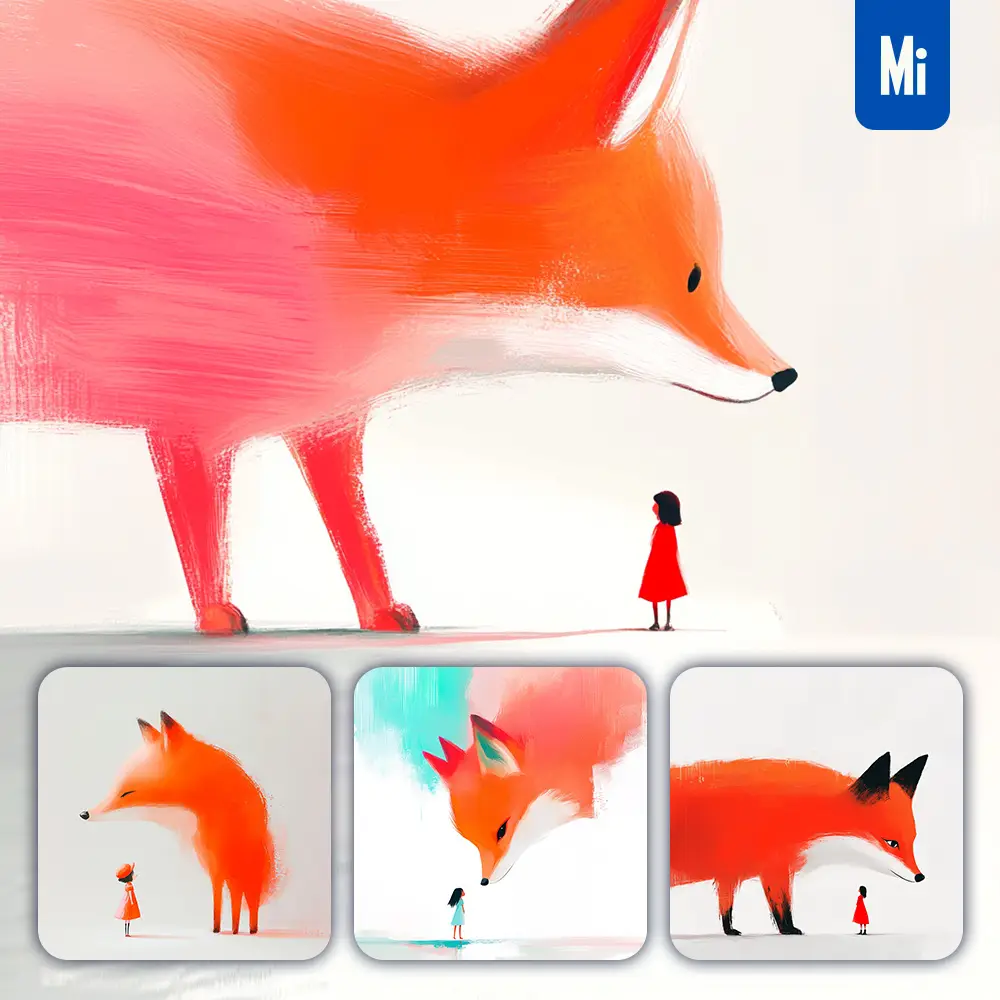 midjourney prompt fox girl kid children colorful ink painting cute illustration