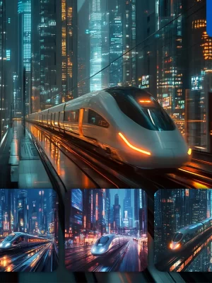 Midjourney Prompt Futuristic Speeding Train City Modern Light Towering Infrastructure