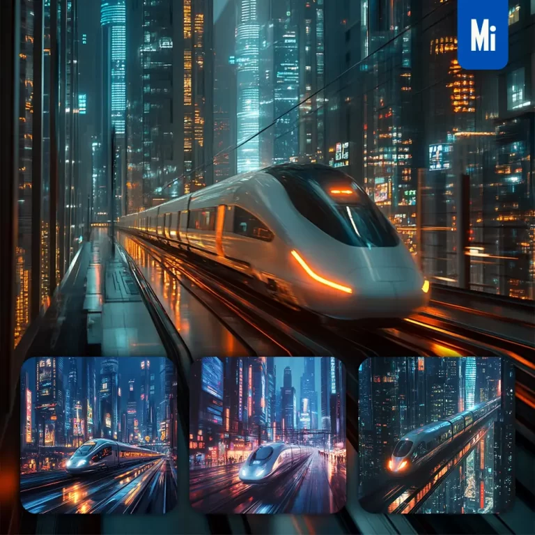 midjourney prompt futuristic speeding train city modern light towering infrastructure