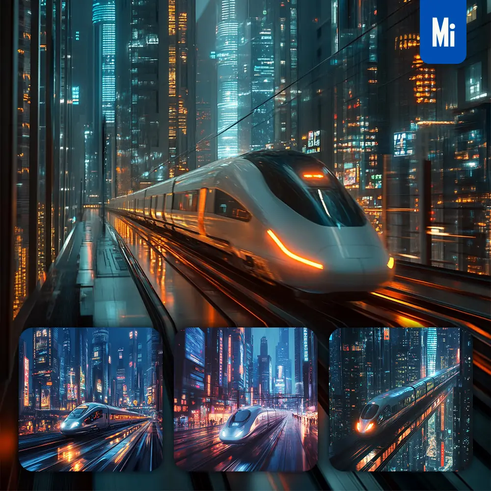 midjourney prompt futuristic speeding train city modern light towering infrastructure